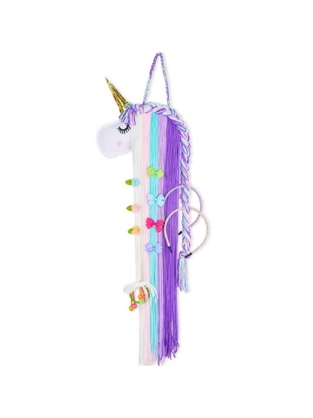 Unicorn Hair Accessory Organizer Wall Hanging With Glitter Horn & Braided Mane